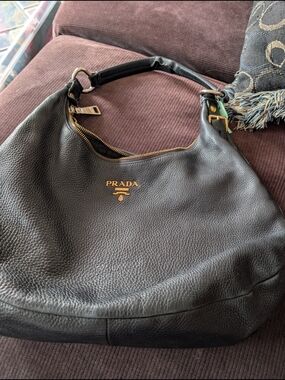 Prada Black Pebbled Leather Shoulder Bag with Gold Logo